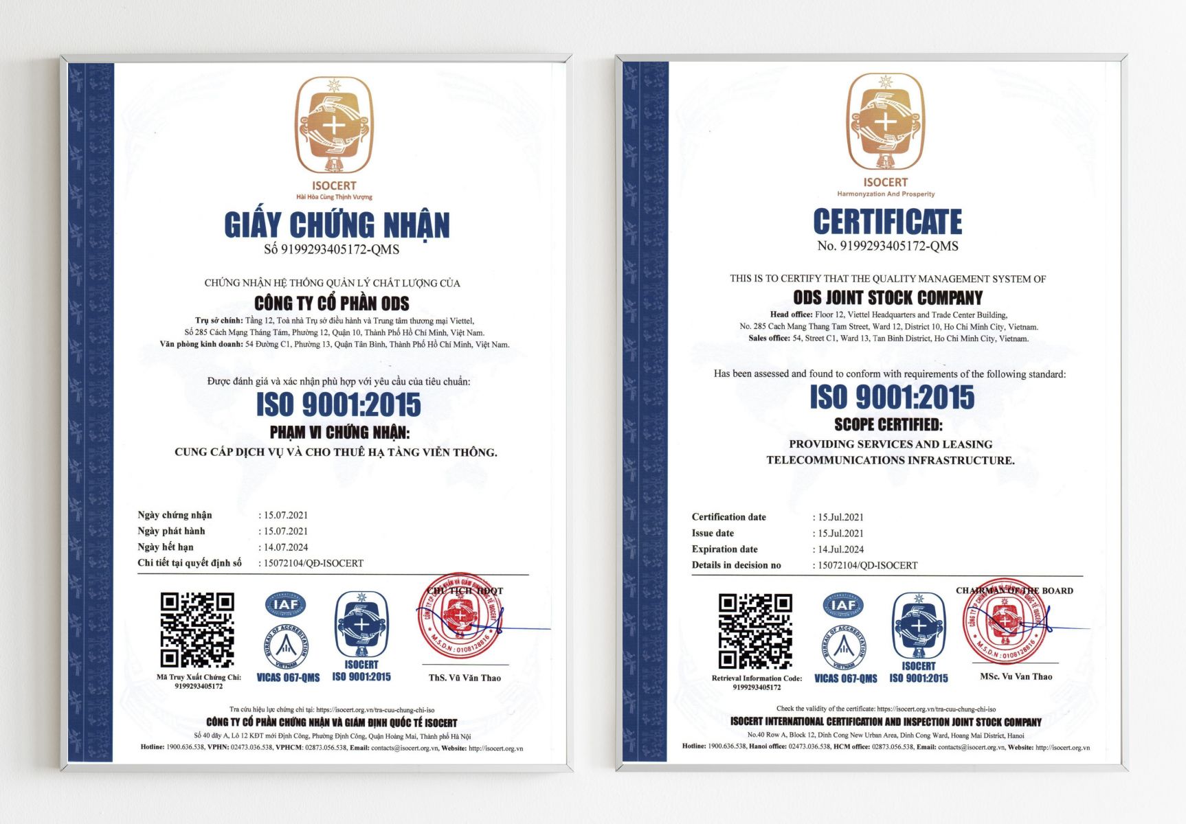 Mẫu Giấy chứng nhận ISO 9001:2015 được cấp bởi ISOCERT