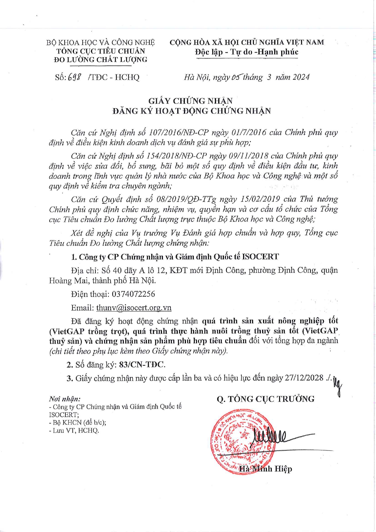 giấy chứng nhận đăng ký hoạt động chứng nhận